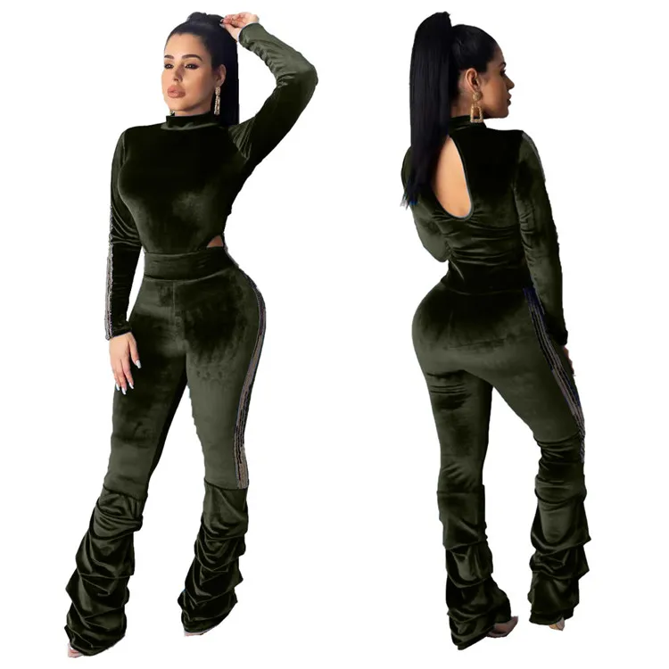 C91925 wholesale ladies velour two piece set longsleeves jumpsuit plus long bottoms 2 piece clothing set winter 2020