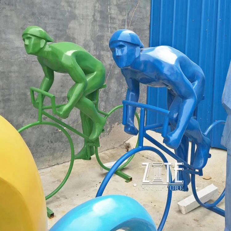 Garden Fiberglass Sports Statue Resin Abstract Figure Riding Bicycle Sculpture