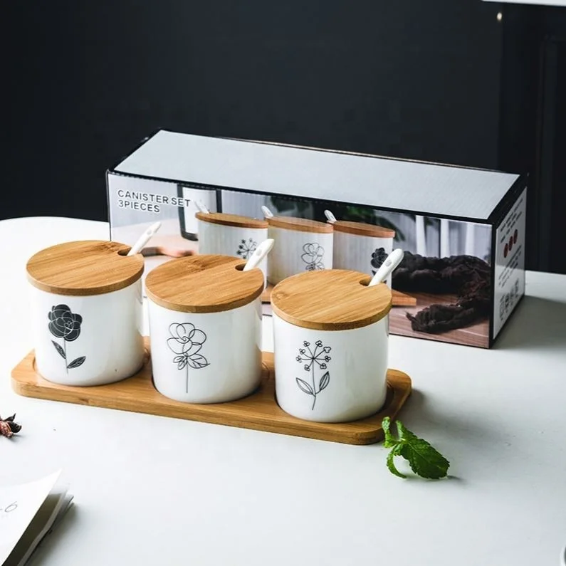 3pcs One Set Kitchenware Customized Printing salt container spice Ceramic jar Storage With bamboo Lid Canister
