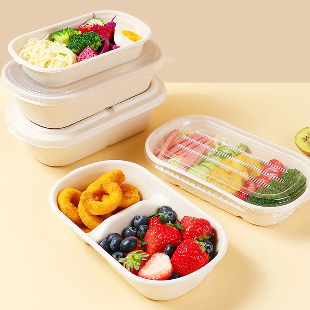 Hot Selling Disposable 750ml Rectangle Biodegradable Food Container Sugarcane Bagasse 2 Compartment Box with
