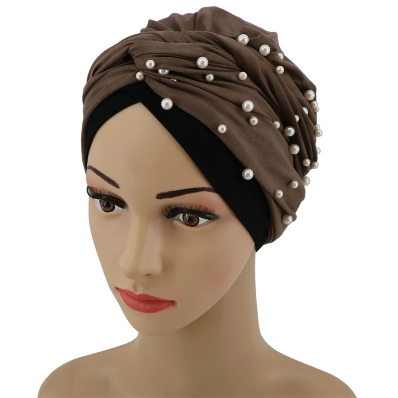 Wholesale High Quality easy to wear hijab turban with pearl New fashion turkey suede turban head scarf women instant hijab cap