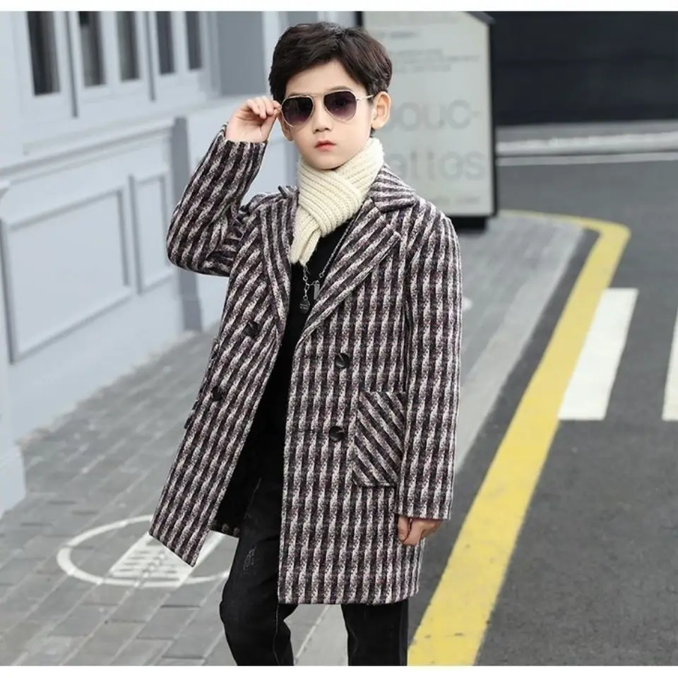 Boys Clothes Autumn Winter Cashmere Children Double-breasted Baby Boy Trench Lapel Woolen Outerwear Coats