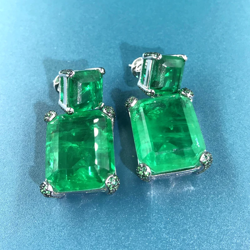 Square Cut Setting Cubic Zirconia Dangle Earings Jewelry Women 925 Silver Emerald Green Earrings