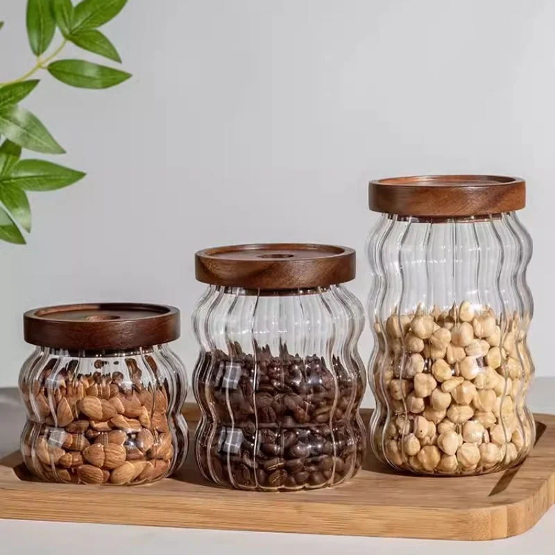Glass storage pot coffee bean container transparent glass storage pot wooden cover glass jars and containers