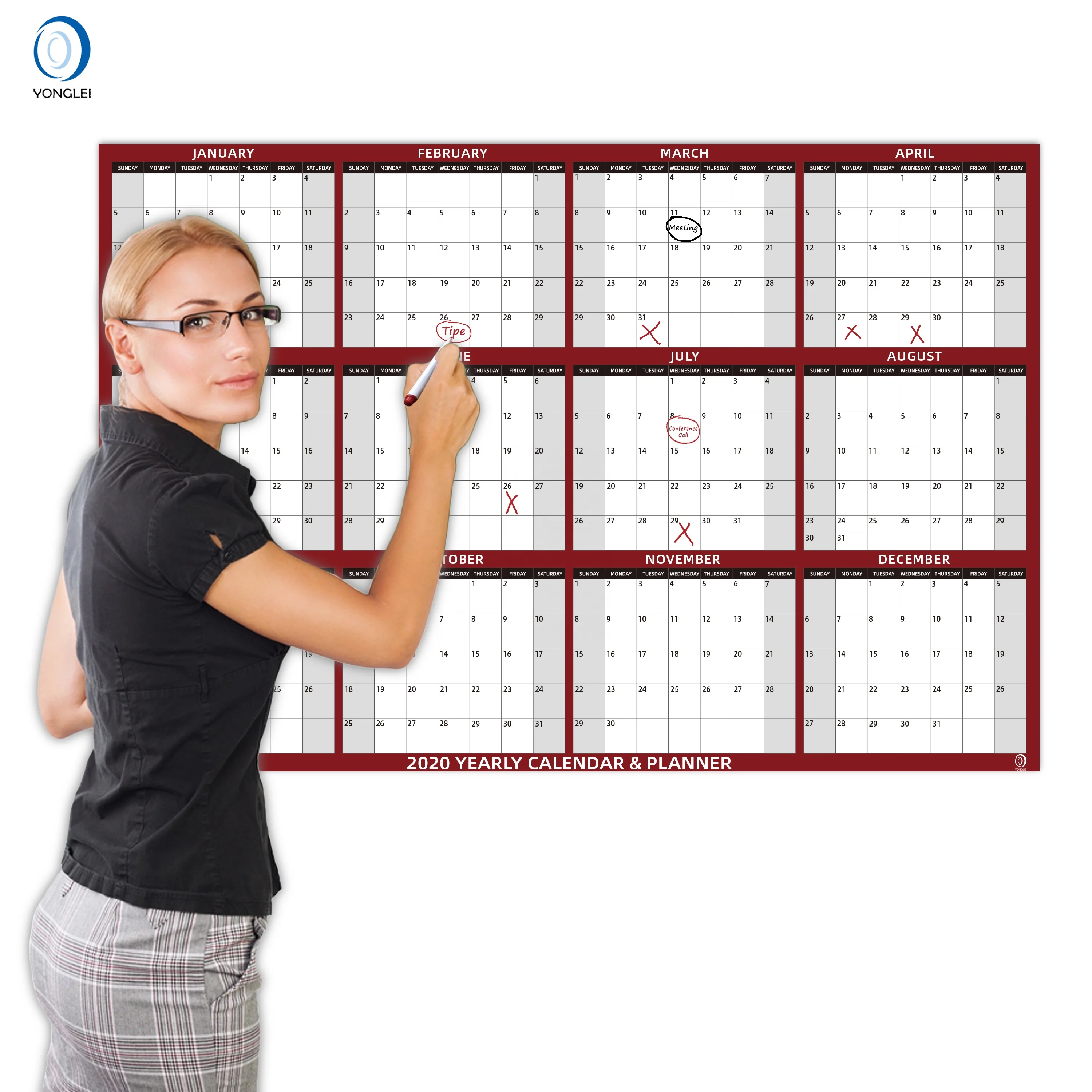 027-1A2 Double sided vertical/horizontal calender 2020 erasable wall calendar 2020 personalize