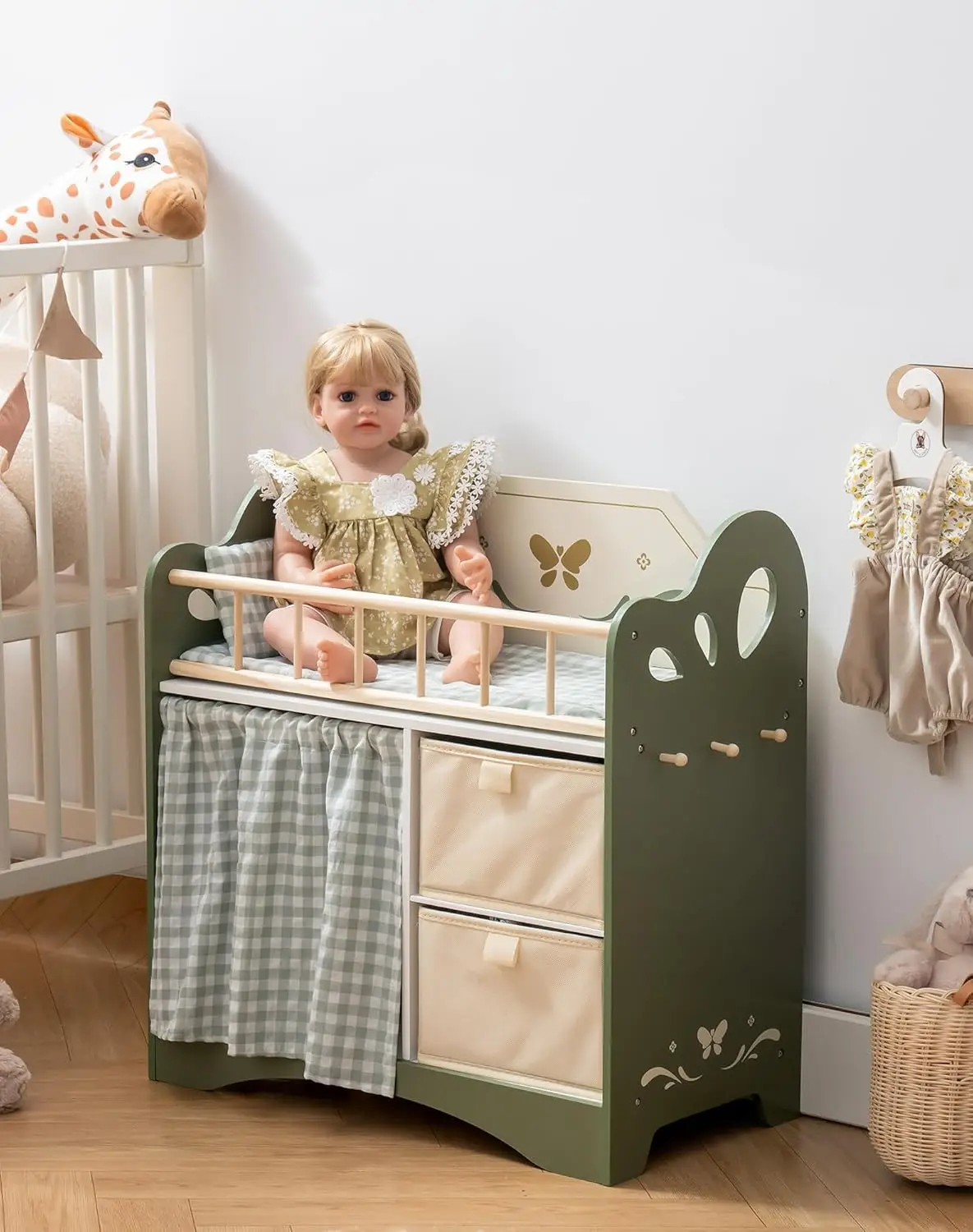 Baby Doll Crib Wooden Doll Bed with Storage and Bedding