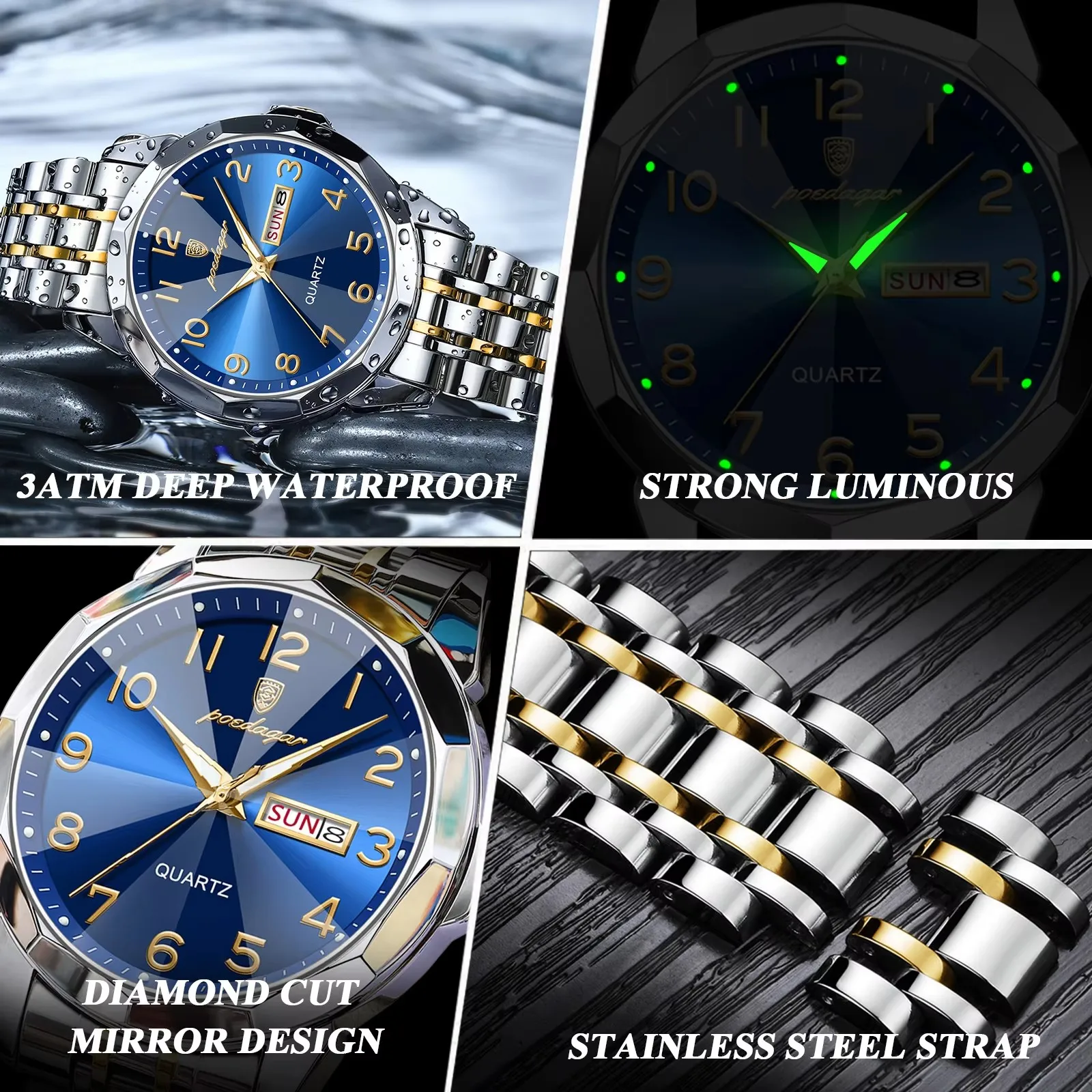 POEDAGAR 852 Men Watch Chronograph Waterproof Sports Date Watches Original Stainless Steel Quartz Movement Wristwatch For Male