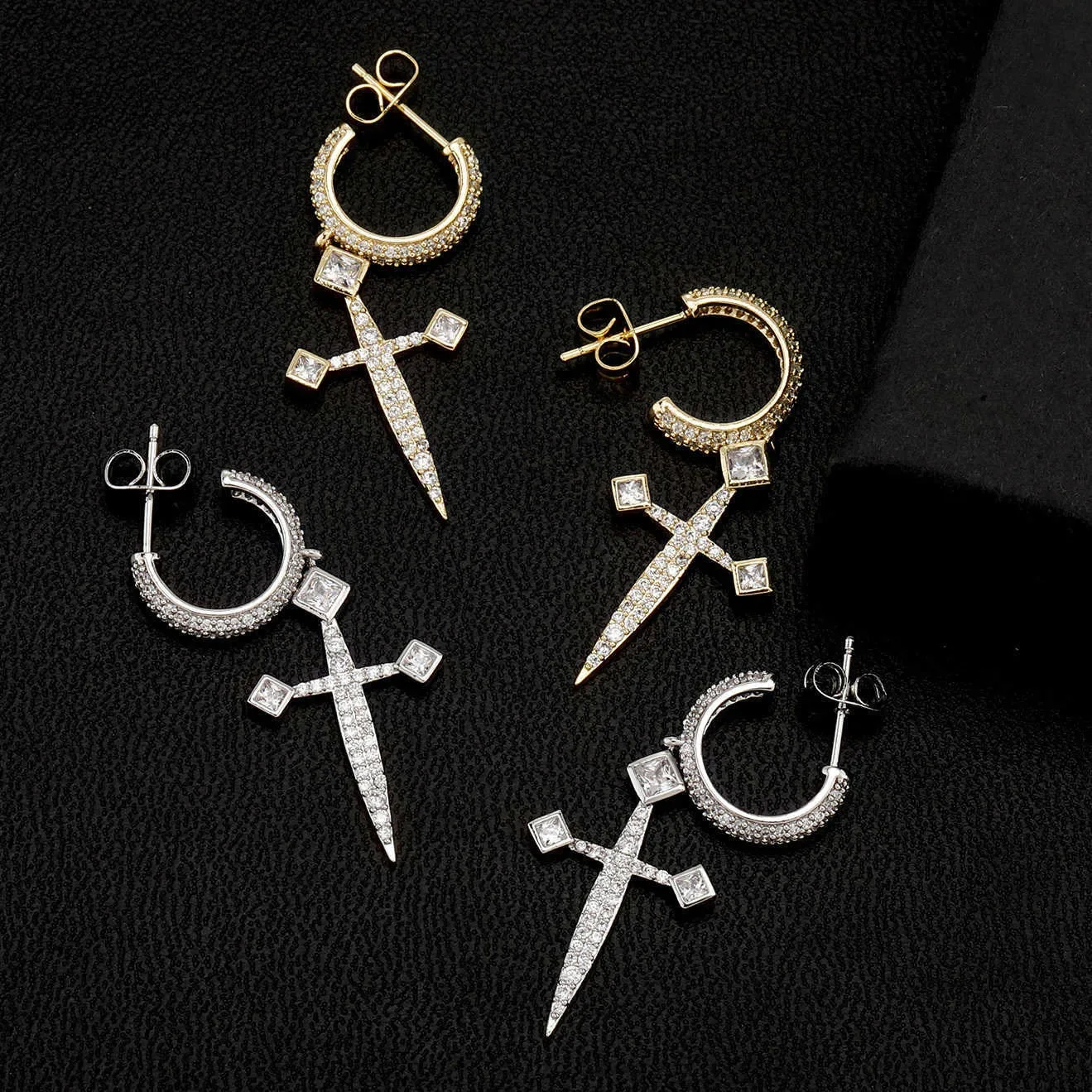 Unisex Hip Hop Dangle Earrings: Bling Ice Out Sword Cross - Rapper Jewelry
