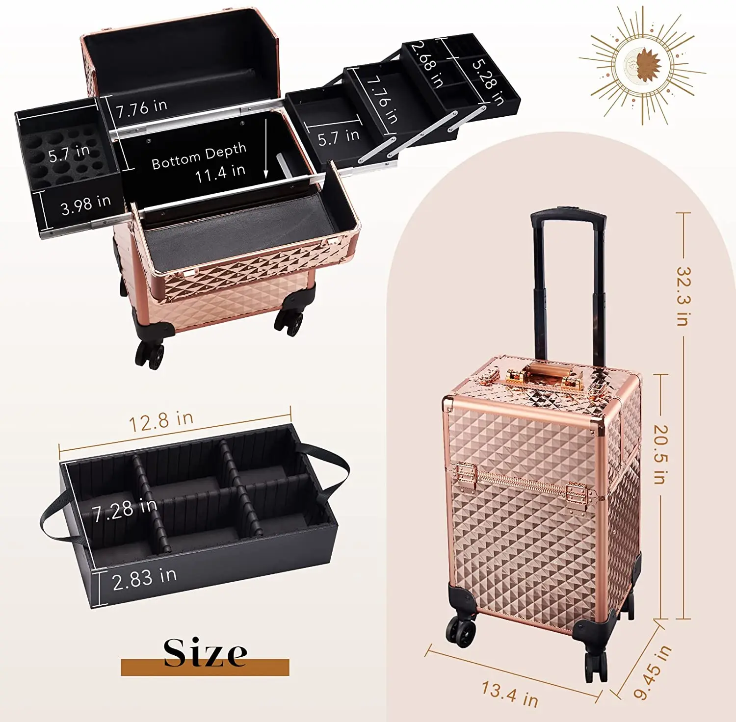 Rolling Makeup Train Case Cosmetic Travel Cart 4 Tray Sliding Rail Removable Middle Layer Makeup Cart with wheels