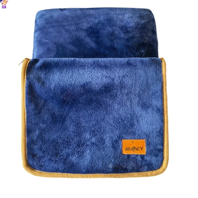 Soft 2 in 1 Custom logo Airplane Travel Pillow Fleece PU Tag Blanket