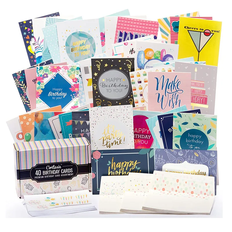 
All Occasion Greeting Cards Assortment 40 UNIQUE DESIGNS with GOLD/SILVER Foil Box set Envelopes Printed Kraft Paper Cards 