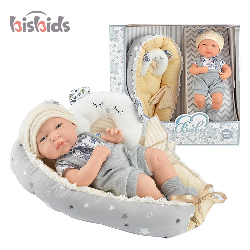 Pretend play set game 12 inch newborn kids baby doll toy with cradle quilt pillow