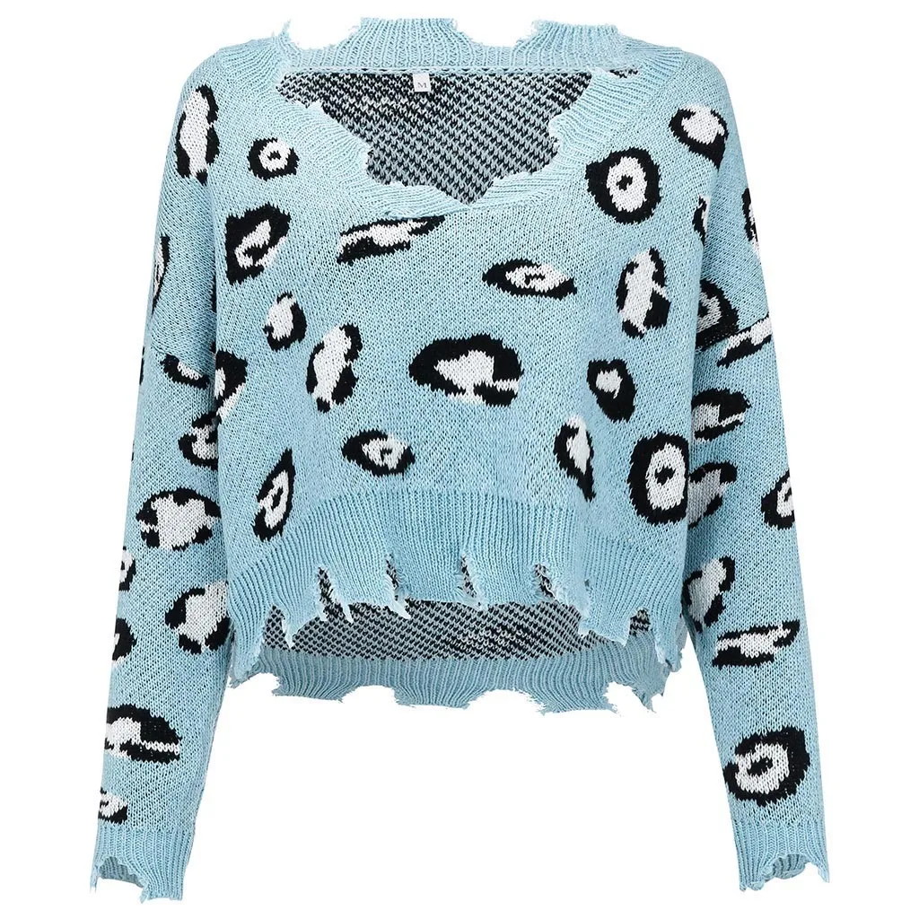 Fashion women v-neck long sleeve leopard print short cut out knitted sweater jersey mujer sueter