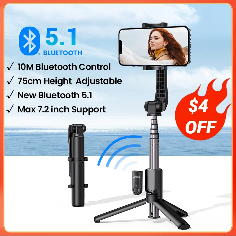 UGREEN Bluetooth Selfie Stick Tripod Stand 750mm Extended 10m Bluetooth Remote Shutter Universal For IOS Android