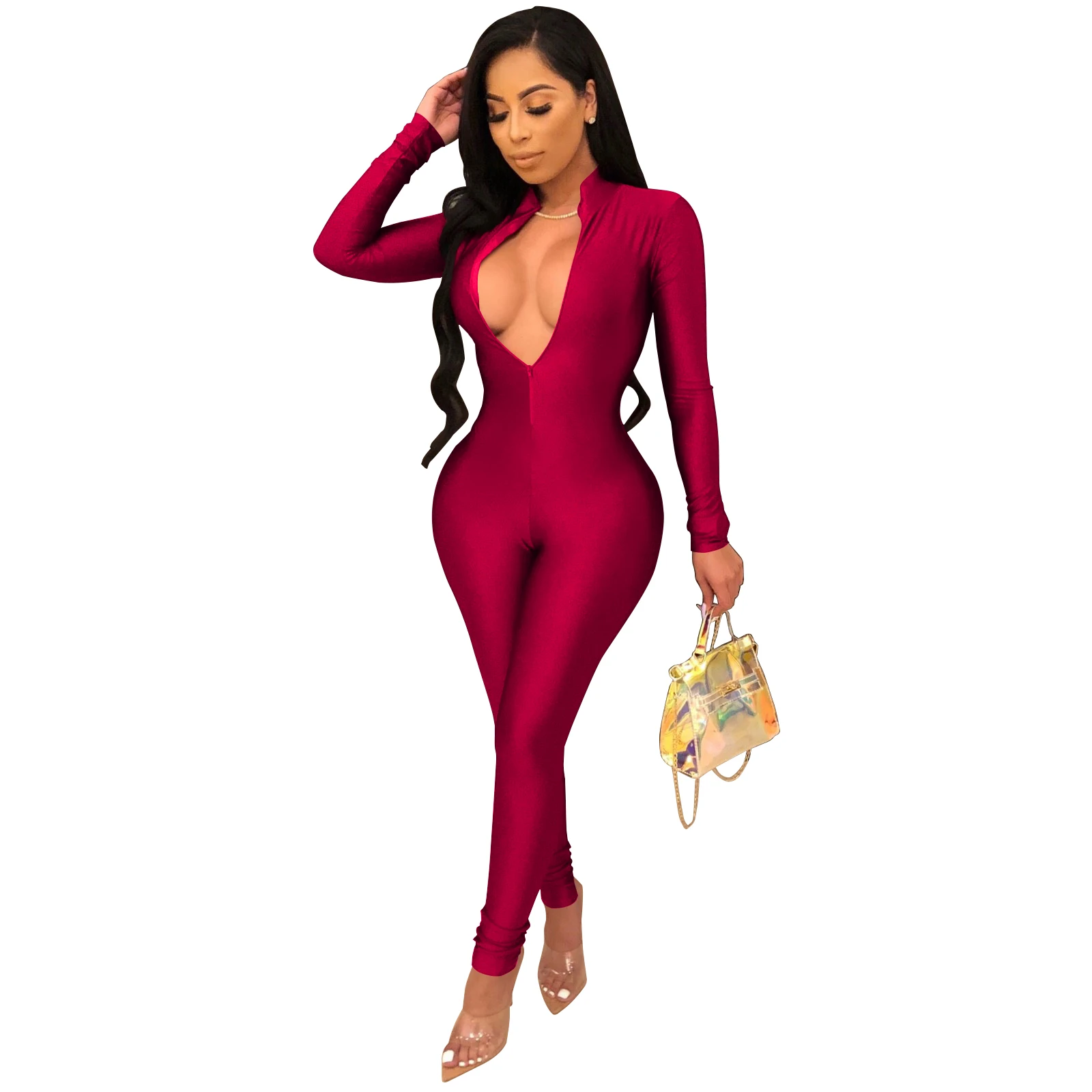 
autumn spring rompers womens jumpsuit fashion V neck sexy slim plus size one piece jumpsuits 