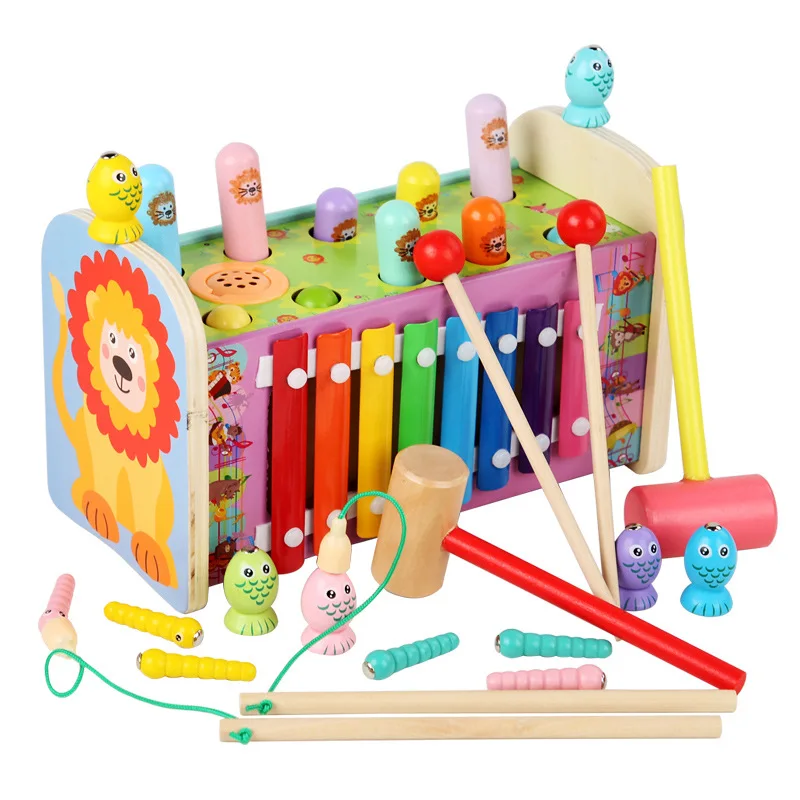 Multi-functional early education wooden toys lion fishing catching insects whack-a-mole tapping piano 4-1 educational toys