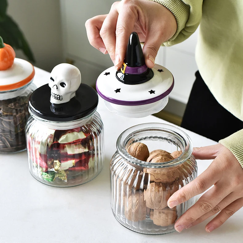 New Glass Nut Sealed Jar Halloween Storage Jar with Seal Lid Pumpkin Ceramic Canister Candy Jar with Lid for Halloween