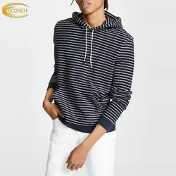 custom Spring Wholesale Custom Logo Long Sleeve Pullover Deep Blue and White Striped Hoodies for Men