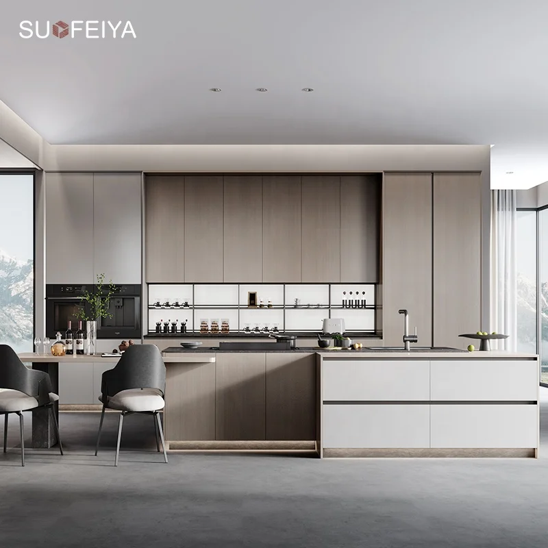 SUOFEIYA, оптовая продажа, образец базового кухонного шкафа, кухонного шкафа, антикварный деревянный шпон, стеклянные кухонные шкафы, дизайн