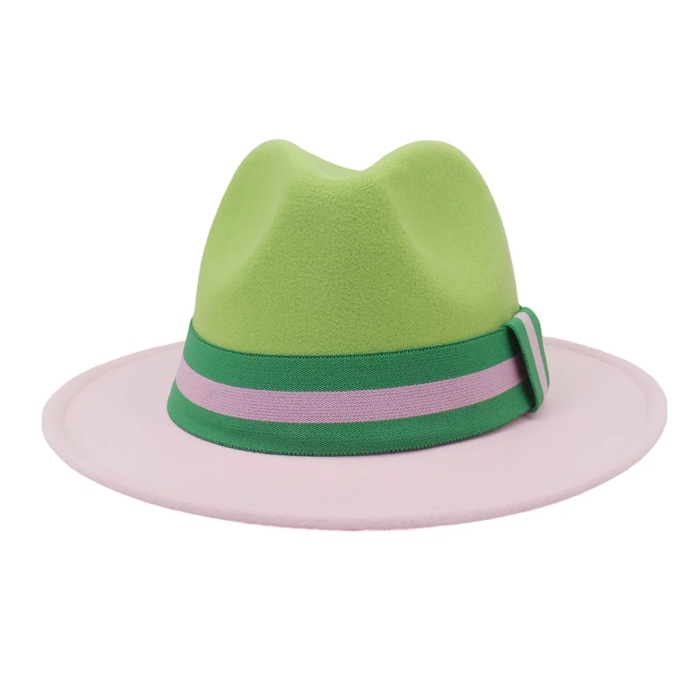 FS Christmas Wool Felt Jazz Hat Women Men Wide Brim Hats Trilby Ladies Green Pink Patchwork Panama Fedora Cap Hats With Ribbon