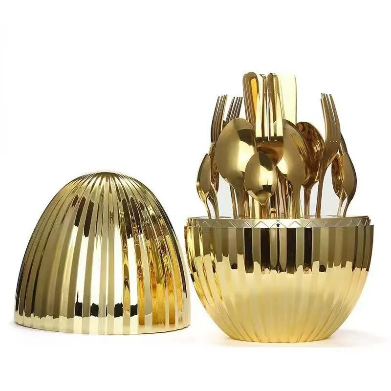 Western Tableware Set 24-Piece 24pcs Gold Silver Egg-Shaped Stainless Steel Flatware Premium Cutlery for