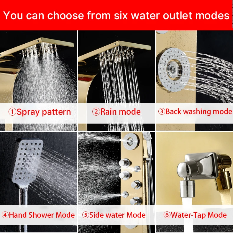 
Amazon hot sell 2021 new design bathroom wall mounted stainless steel Waterfall Golden column set tower Shower Panels 