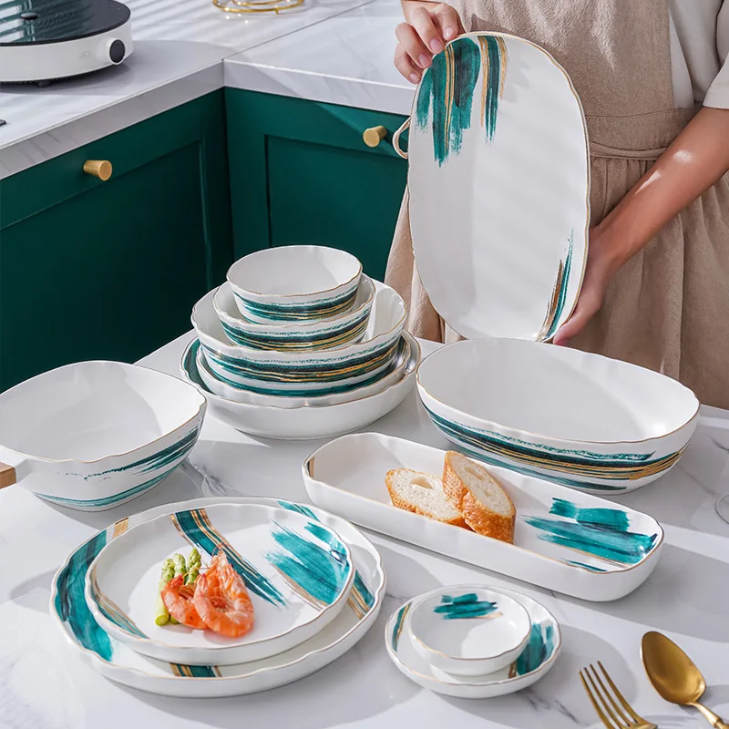 China supplier ink painting hand painted dinner plate set restaurant luxury ceramic dinner set with gold rim