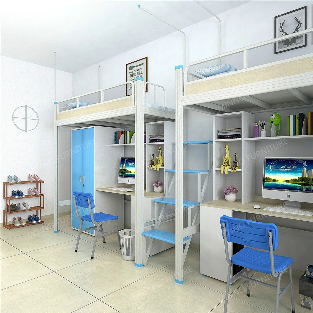 Modern Dormitory Metal Double Bunk Bed with Desk and Wardrobe