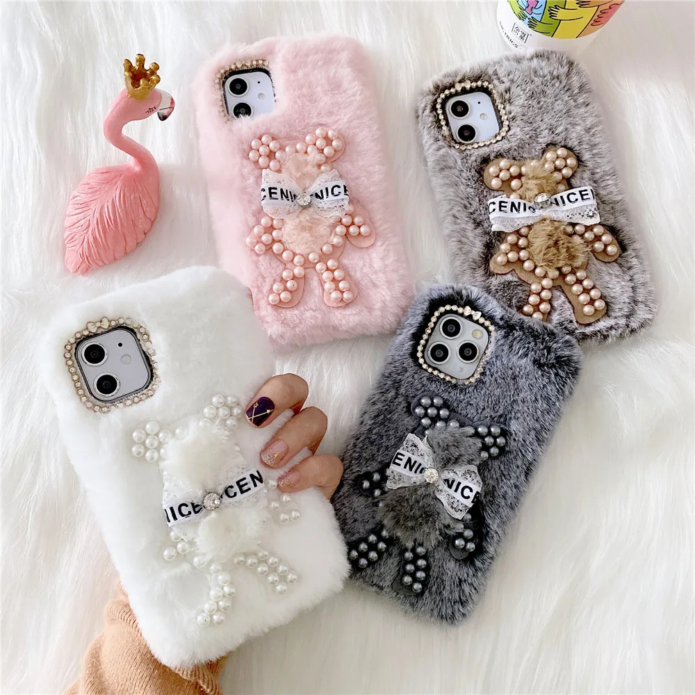 For iPhone 14 Pro Max Case,Pearl Plush Diamond Bear Phone Case For iPhone 13 12 11 Pro Max X/XS XR XS Max Cover Fundas