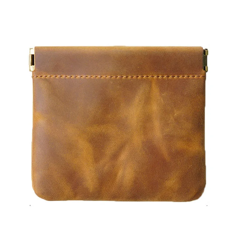 Full Grain Crazy Horse Leather Customized Engraved Logo Squeeze Coin Purse Pouch Change Holder For Women&Men