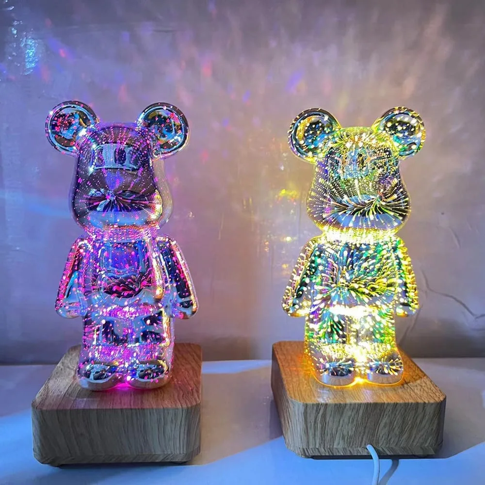 3D Fireworks Bear Night Light RGB Led 7 Color Luminarias Projection Lamp Romantic Gift Bedroom Decor Home Kawaii Desk Decoration