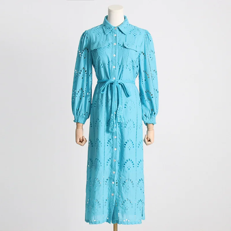 2023 Spring New Short-Sleeved French Retro Lapel Hollow Jacquard Waist Slimming Temperament Dress Women