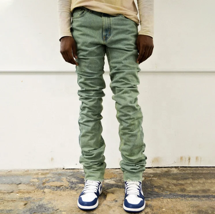 Wholesale Stacked Jeans Mens Trousers Fashion Washed Denim High Quality Vintage Designer Custom Skinny Fit Pants