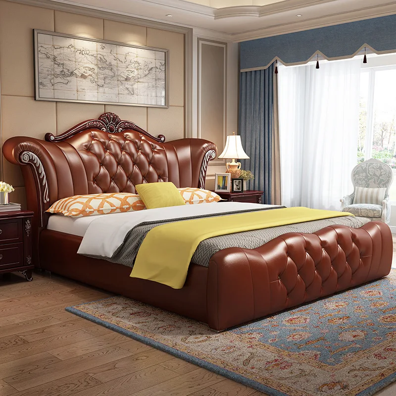 
European style modern leather backrest solid wood frame living room double bed with storage box bedroom furniture 