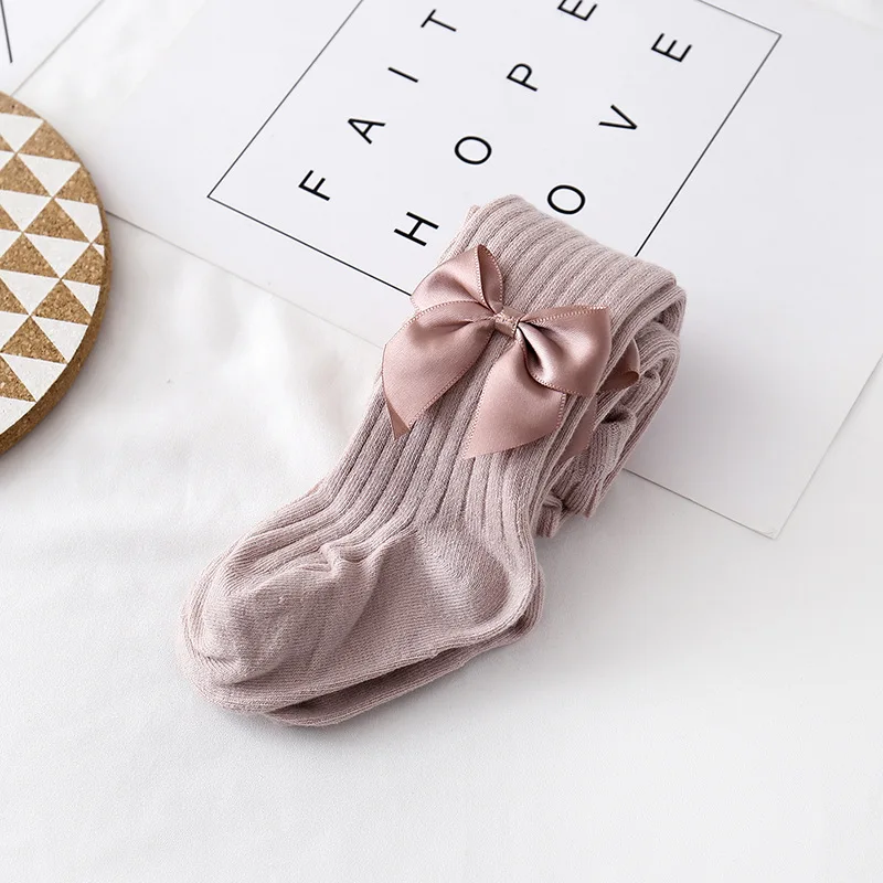 
Cotton knit breathable vertical stripes baby girl fall leggings tights with bow 