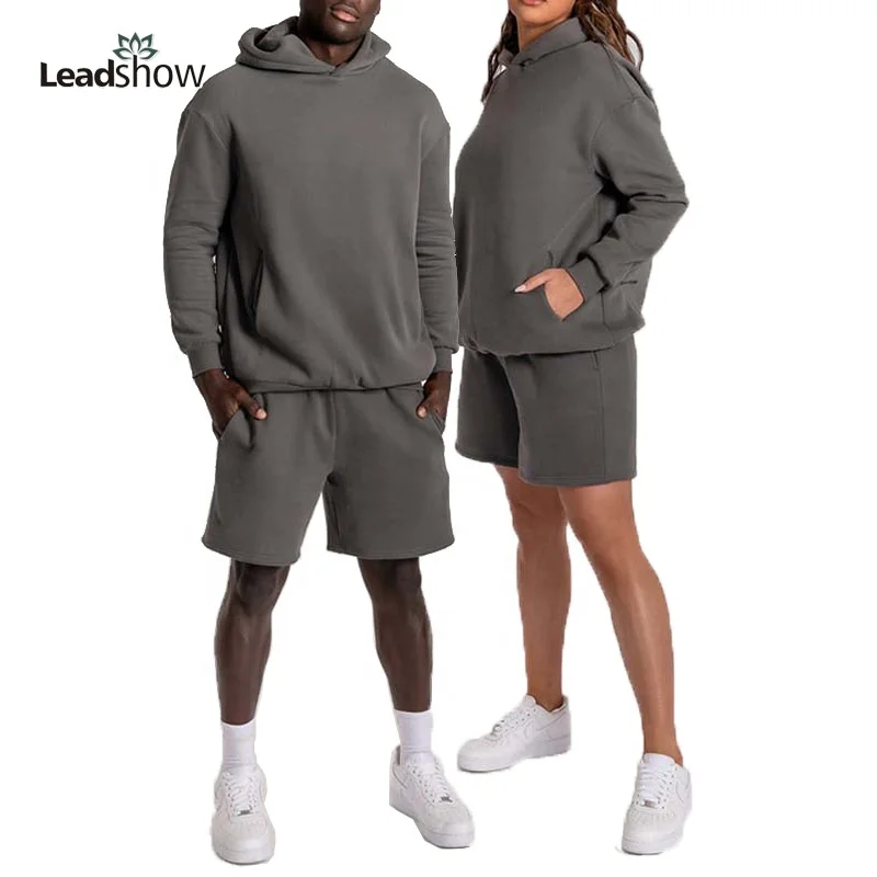 Wholesale Gym Plus Size Workout Tracksuit Organic Cotton Custom Logo Unisex Blank Clothing Hoodie Two Piece Shorts Sets Clothing