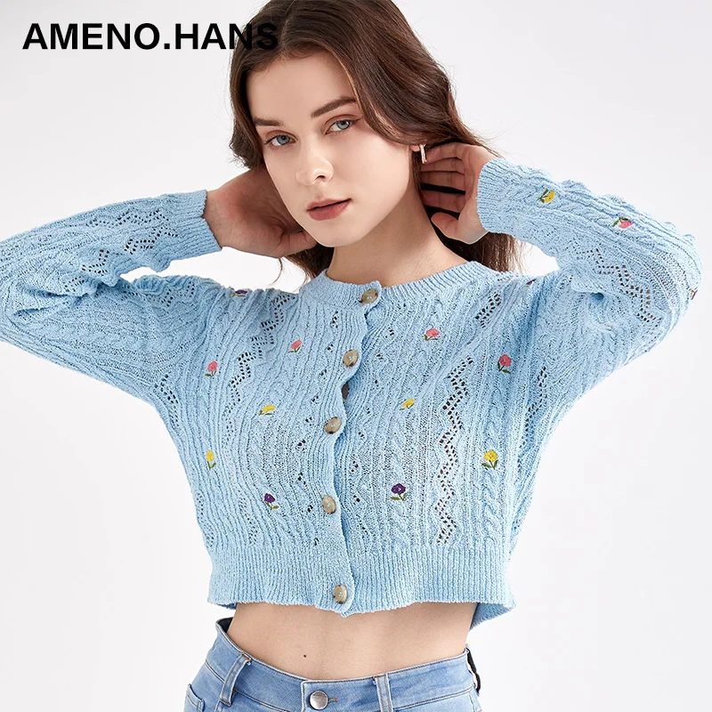 Natural style embroidery cardigans wholesale women knitted cotton cardigans