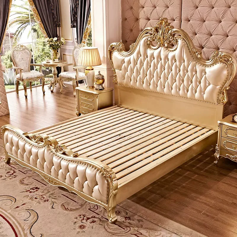 OE-FASHION custom Royal Grandeur King-Size Gold Bed Frame Antique Bedroom Set for Luxurious Villas