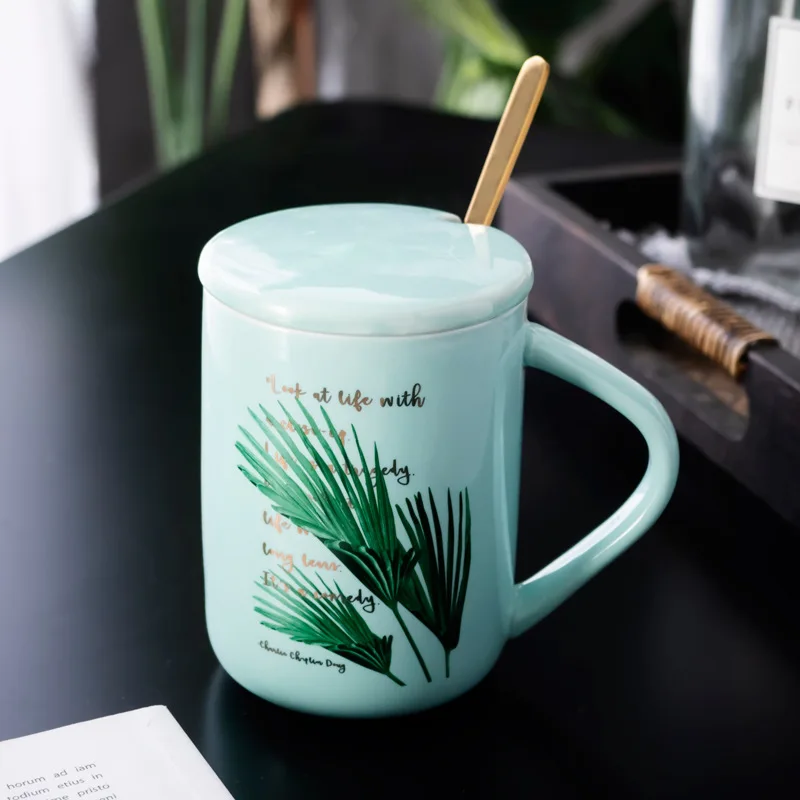 M-075 Cartoon mug Ceramic mug Creative water cup Milk cup with lid Spoon drinking cup CHAIV