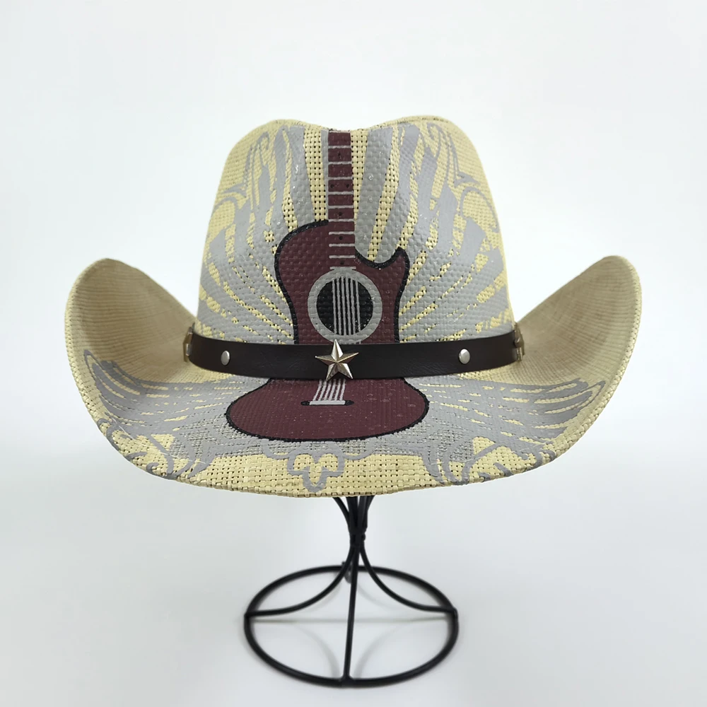 High Quality Women Paper Straw Cowgirl Straw Hat Shapable Brim Sombreros Fashion Straw Men Cowboy Hat Hand Drawn Guitar