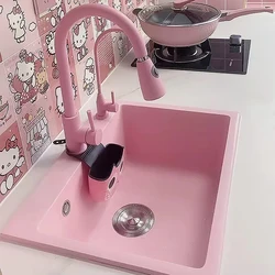 Kitchen Sinks Pink Granite Quartz Kitchen Wash Basin Sink With Cup Washer