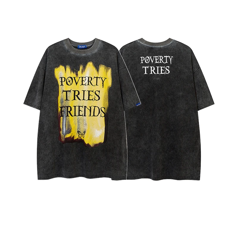 Vintage Black Printed Large Graphic Tees Acid Wash Tshirt Men Oversize Crewneck t Shirts