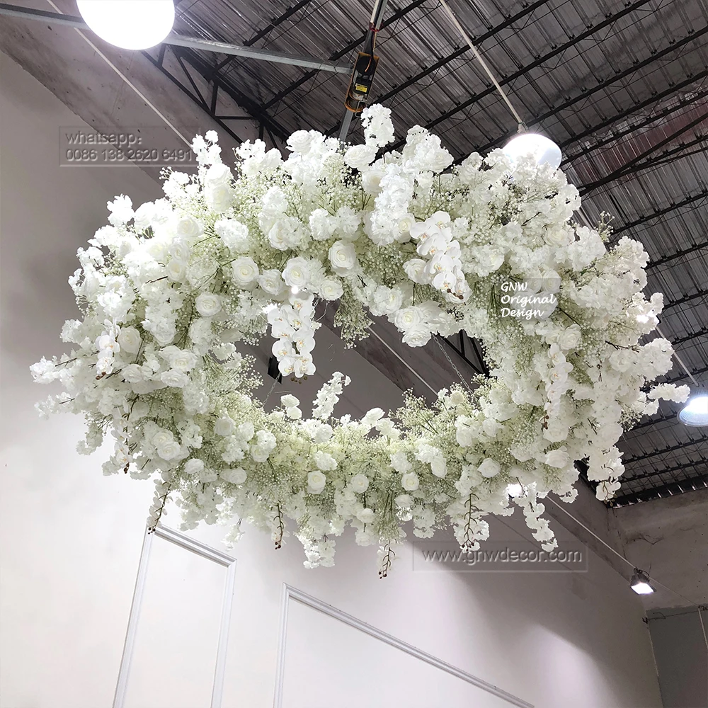 GNW Hot Artificial Flowers Ceiling Decorative White Rose Babysbreath Floral Hanging Ceiling Wedding wall Backdrop