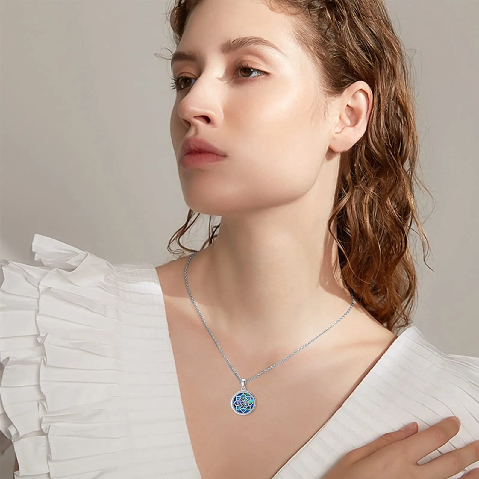 Wholesale High Quality 925 Sterling Silver Abalone Shell Lotus Photo Locket Pendant Necklace