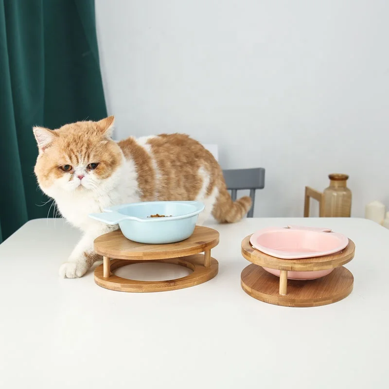 Manufacturers Raised Ceramic Fish Shape Pet Bowl With Wooden Frame Stand Cat Dog Bowl Pet Feeder ChaoZhou Supply