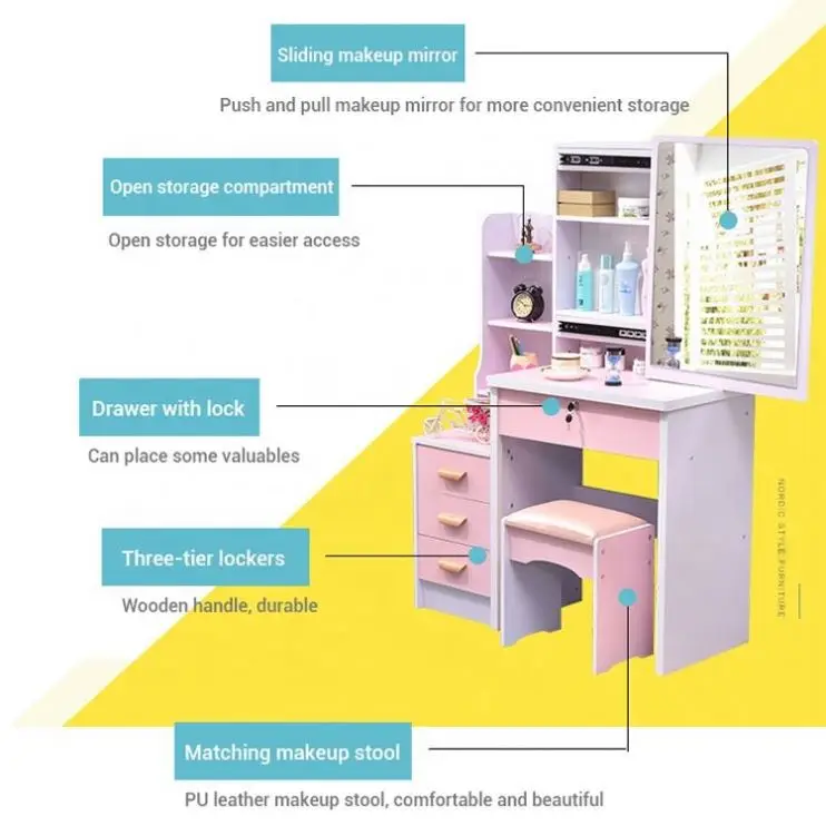 Home Furniture Women New Model Elegant Pink Rectangle Mirror Dresser Table For Bedroom With Low Stool