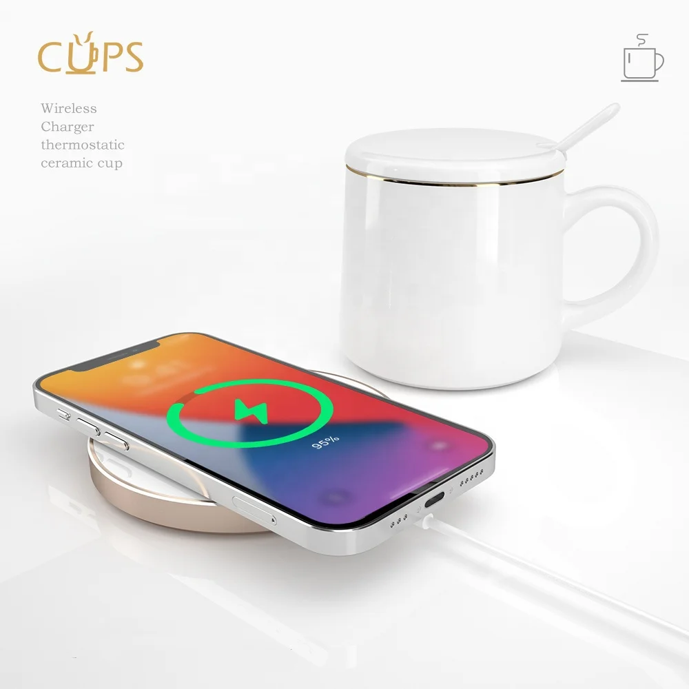 Zeamor Logo Custom Smart 2 in 1 Mobile Phone Wireless Charging Warmer 55 Degree Tea Cup Coffee Mug Gift Set For Home Office