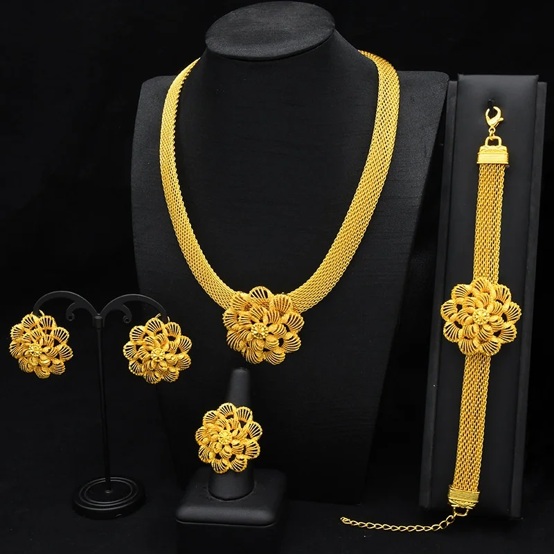 Indian Luxury Necklace Jewelry Sets For Women Dubai Gold Color African Arabic Wedding Bridal Collection Sets Earring Jewellery