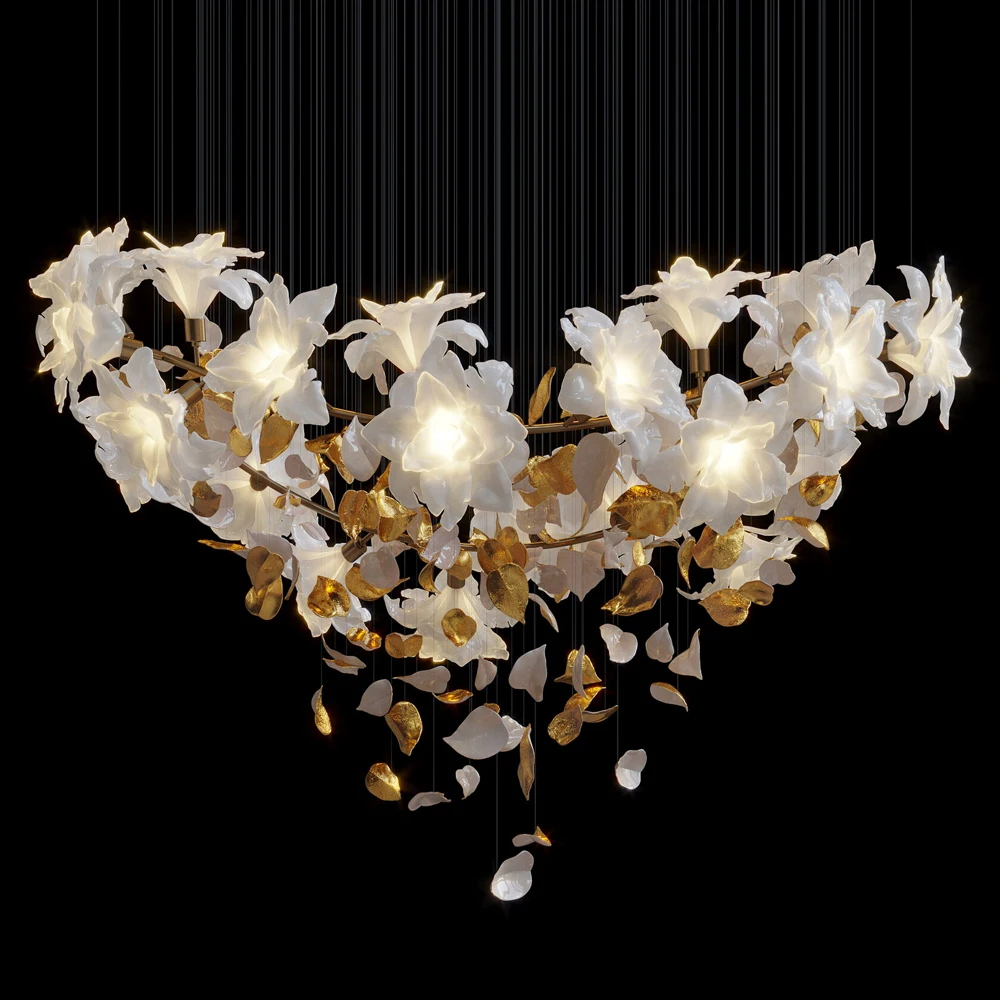 Custom Lighting for Banquet Hotel Lobby Villa Mall Large Project Glass Chandelier Luxury Porcelain Leaf Ginkgo Chandelier