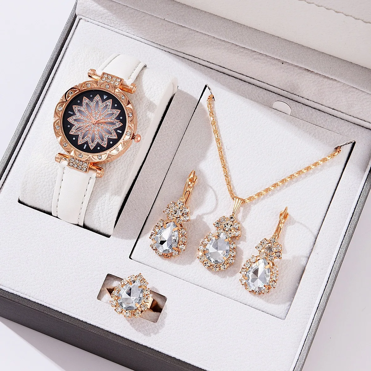 women watch set Hot Selling 4 Pcs Pu Watch Set Colorful Drop Pendants Earrings Bangle Jewelry Set For Women